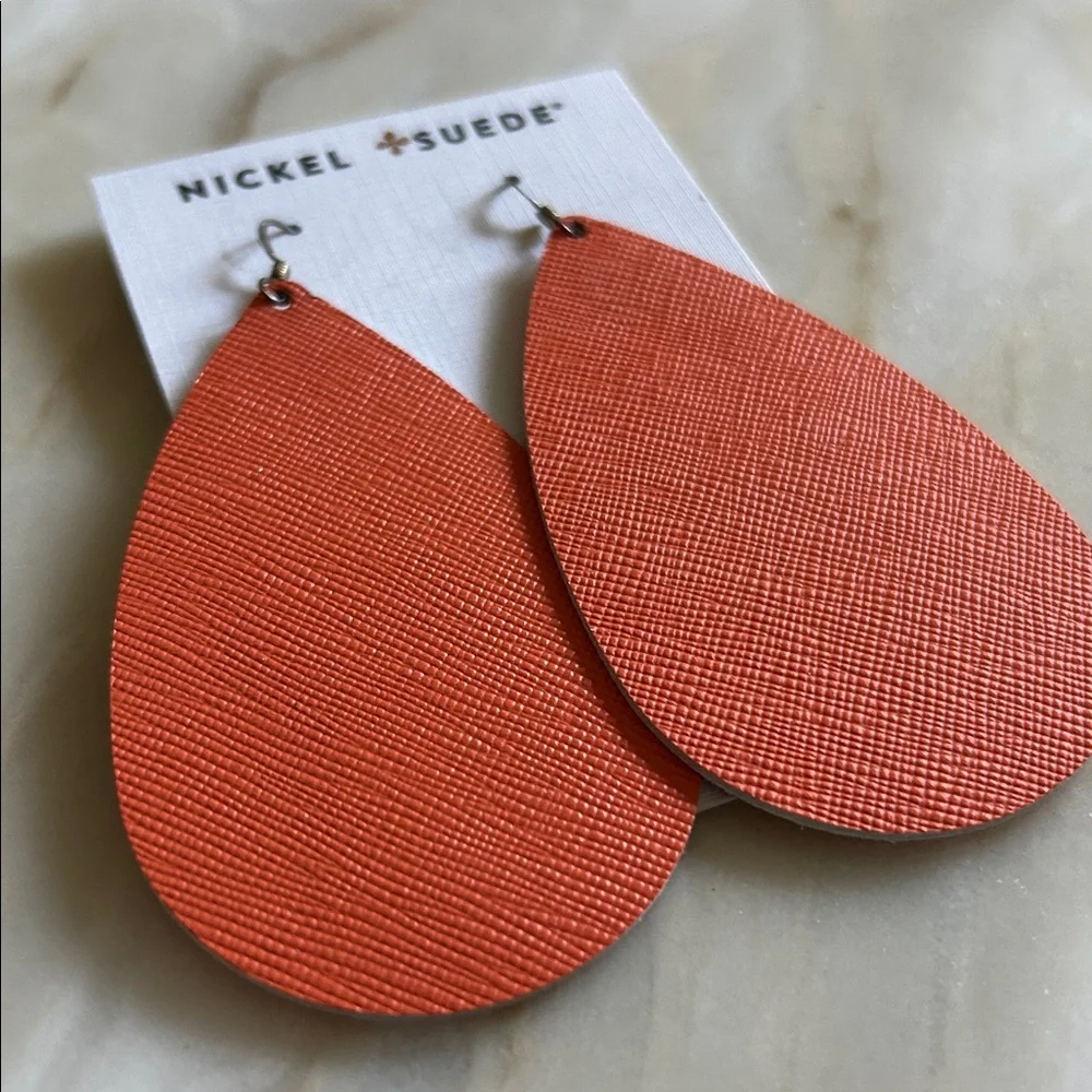 Nickel & Suede Leather Tangerine Teardrops NEW Nickel Free‎